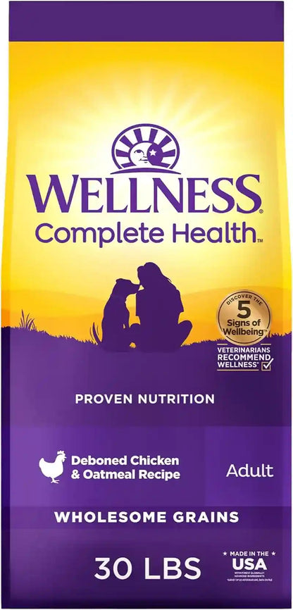 Wellness Complete Health Adult Dry Dog Food, Wholesome Grain Kibble, Natural, Chicken and Oatmeal Recipe, 30 Lb Bag1