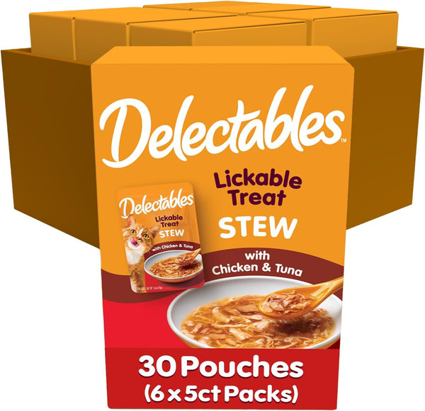 Delectables Lickable Treat Stew Wet Cat Treat with Real Tuna & Whitefish, Food Topper, Hydrating, Grain-Free, No Fillers, No By-Products, No Added Preservatives, 1.4Oz Pouch, 12Ct12
