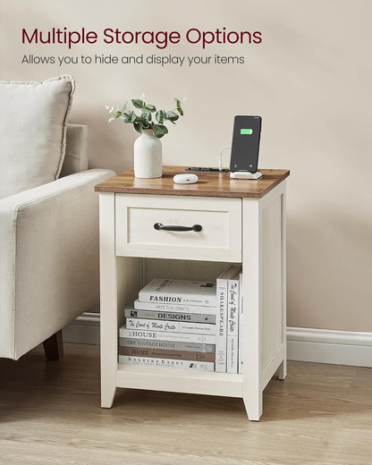 VASAGLE Farmhouse Nightstands with Charging Station, 1 Drawer, Set of 2 | Bedside Table, Side Table with Open Compartment, for Bedroom, Rustic White and Honey Brown, LIRY Collection ULET859K416