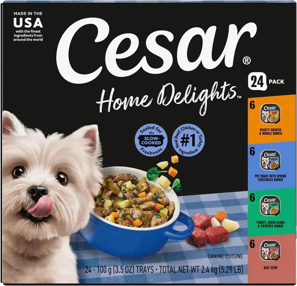 Cesar Home Delights Wet Dog Food, Dinner and Stew Variety, 3.5 Oz, 24 Count | Real Meat #1 Ingredient, No Fillers, No Added Sugar, No Artificial Flavors, Complete & Balanced, Easy Peel Trays1