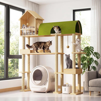 60'' Cat Tree for Automatic Litter Box, for Heavy Cats up to 22Lbs | Solid Wood Large Cat Tower with Tunnel & House, Space-Saving for Indoor Multi-Pet Households, Stops Furniture Scratching4