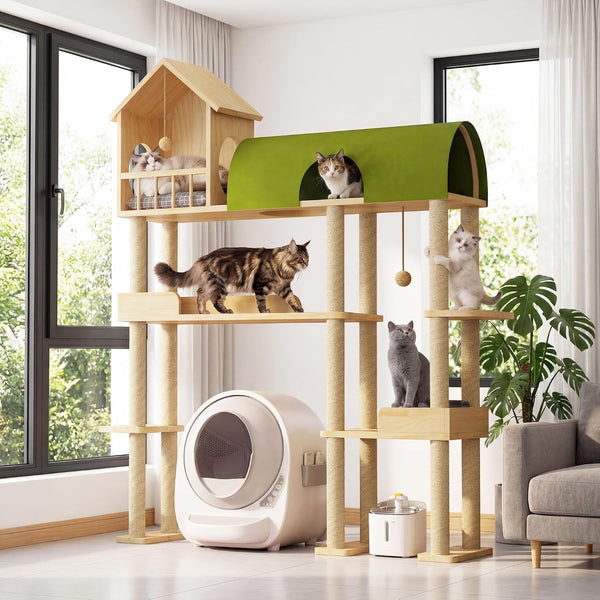 60'' Cat Tree for Automatic Litter Box, for Heavy Cats up to 22Lbs | Solid Wood Large Cat Tower with Tunnel & House, Space-Saving for Indoor Multi-Pet Households, Stops Furniture Scratching4