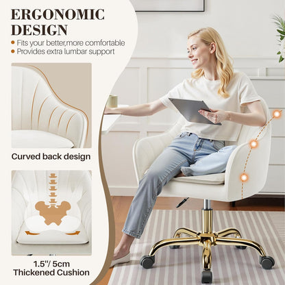 Vanity Chair with Wheels, Comfy Home Office Desk Chairs Adjustable Modern Velvet Makeup Vanity Chairs for Bedroom Living Room-Beige6