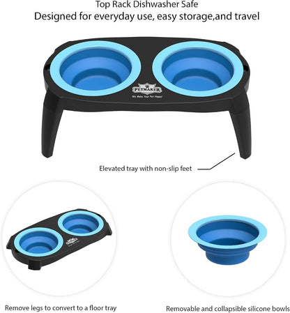Elevated Pet Bowls Collection with Non Slip Stand for Dogs and Cats-Removeable and Collapsible Silicone Feeder for Food and Water- 16 Oz Each by PETMAKER (Pink), Blue3