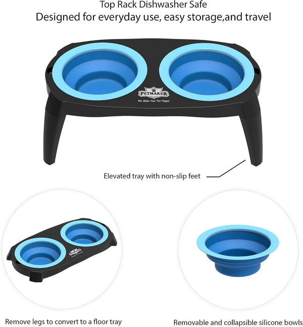 Elevated Pet Bowls Collection with Non Slip Stand for Dogs and Cats-Removeable and Collapsible Silicone Feeder for Food and Water- 16 Oz Each by PETMAKER (Pink), Blue3