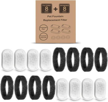 Cat Water Fountain Filters for 108/3.2L& 67Oz/2L Stainless Steel Pet Water Dispenser Fountain Filter Replacement with 8 Sponges (8 Filters&8 Sponges)7