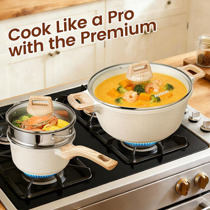 27PCS Nonstick Ceramic Pots and Pans Cookware Set with Gloves, Apron, Silicone Tools,Ivory6