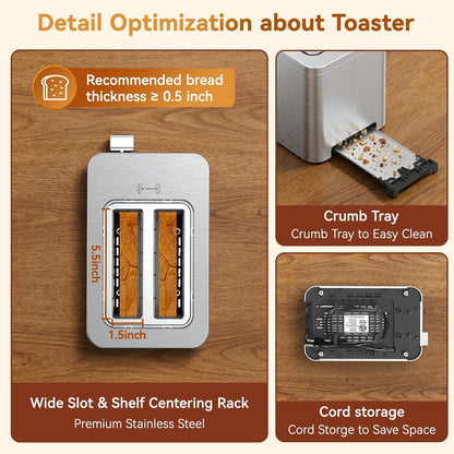 2 Slice Toaster Smart Touchscreen, Stainless Steel Wide Slot Toasters Defrost, Reheat, Memory Function, Auto Shutoff, Digital Electric Bread Toaster for Bagel Muffin Waffle, 120V9