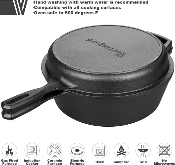 Pre-Seasoned Cast Iron Double Dutch Oven Pot with Skillet Lid, for Bread Baking, Outdoor, Campfire Cooking, 3 Quart4