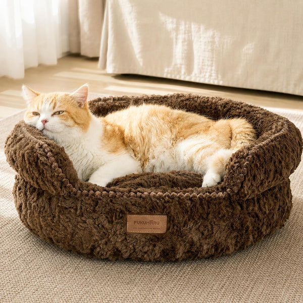 FUKUMARU round Cat Bed, Plush Washable Calming Dog Bed with Low Entry | Raised Bolster Small Dog Bed, Soft Cozy Donut Cat Bed for Indoor Cats, Faux Rabbit Fur & Anti-Slip Bottom, 20 Inch, Brown1