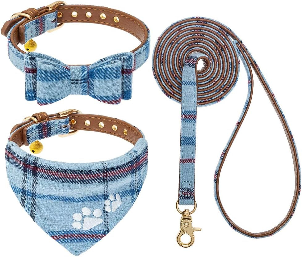 expawlorer-puppy-collar-and-leash-set-embroidery-pawprints-plaid-dog-collar-and-dog-leash-set-bow-tie-and-bandana-dog-collar-with-bell-cute-collar-and-leash-for-dogs-cats-outdoor-walking-blue-s