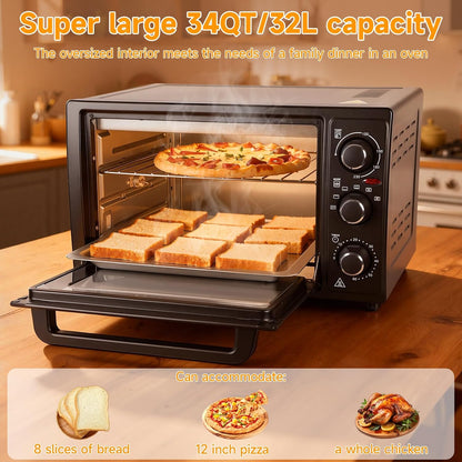 34QT 32L Convection Toaster Oven, 1500W Countertop Electric Oven Rotisserie Dehydrate Function with 60 Minute Timer, Fits 12" Pizza Large Capacity Kitchen Oven (Black)5