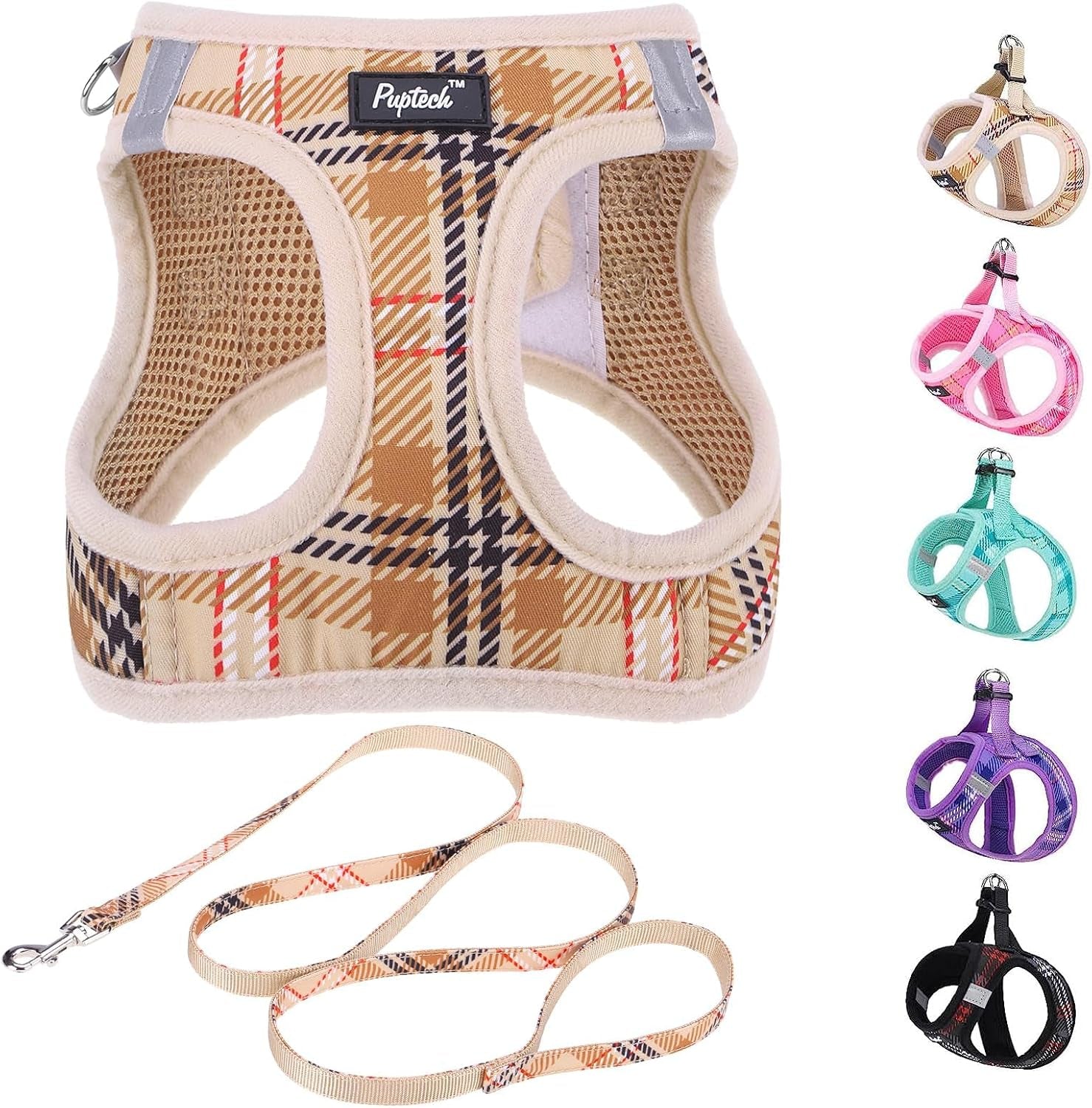 pupteck-dog-harness-and-leash-set-for-small-medium-dogs-no-pull-step-in-soft-mesh-puppy-cat-vest-harnesses-reflective-at-night-green-s