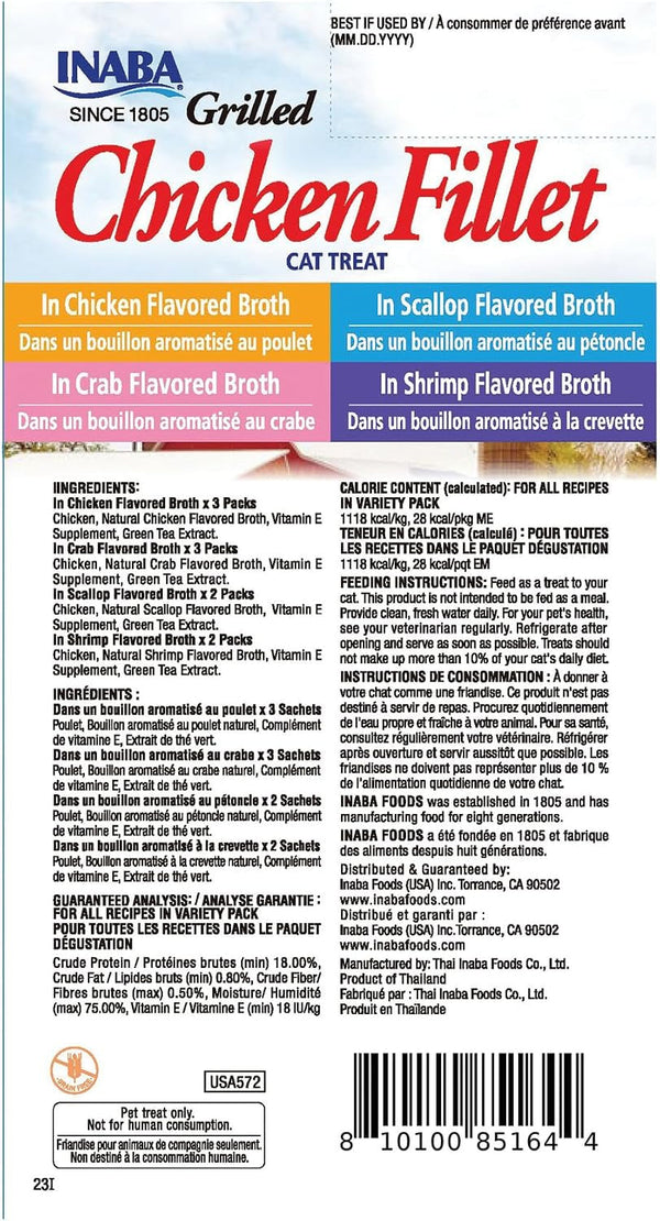 INABA Grilled Fillet Cat Treats, Chicken Fillet Variety Box, 10Ct | Hand-Cut Grilled Chicken, Broth-Packed, Vacuum Packed, 78% Moisture, Immune Support, Grain-Free, 10 X 0.9 Oz Fillets7