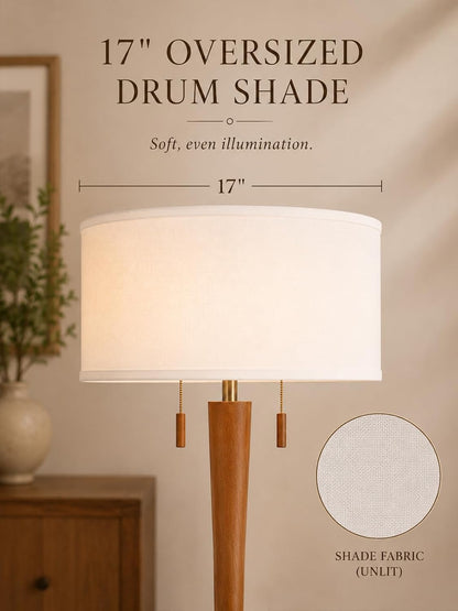 Solid Wood Floor Lamp for Living Room,Pull Chains Standing Lamp | 62.8" Tall,17" White Drum Shade,Sculptural Wood Base & Stem,2-Light Design,Standing Lamp for Bedroom,2 Bulbs Included4