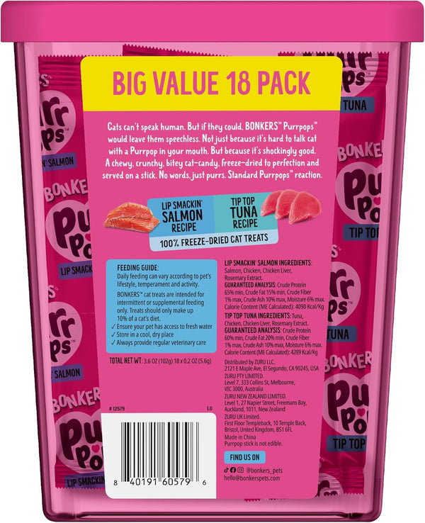 Bonkers Purrpops Freeze Dried Tuna & Salmon Flavor Lollipop Cat Treats, Healthy Real Meat Treats, Training Treats or Food Topper, for All Breeds and Ages, Value Pack (18 Pieces)10