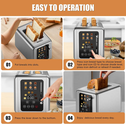 ® Touch Screen Toaster 2 Slice, Stainless Steel Digital Timer Toaster, 6 Bread Types & 6 Shade Settings, Smart Extra Wide Slots Toasters with Bagel, Cancel, Defrost Functions8