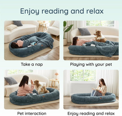 Chixnuggle Orthopedic Human Dog Bed,With Faux Fur Washable Cover,Blanket | Bluish Grey,72*40*10,Giant Dog Bed for Adult or Extra Large Dogs,Egg Crate Foam,Non-Slip Bottom8