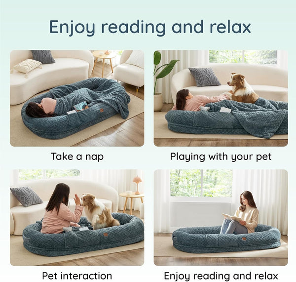 Chixnuggle Orthopedic Human Dog Bed,With Faux Fur Washable Cover,Blanket | Bluish Grey,72*40*10,Giant Dog Bed for Adult or Extra Large Dogs,Egg Crate Foam,Non-Slip Bottom8