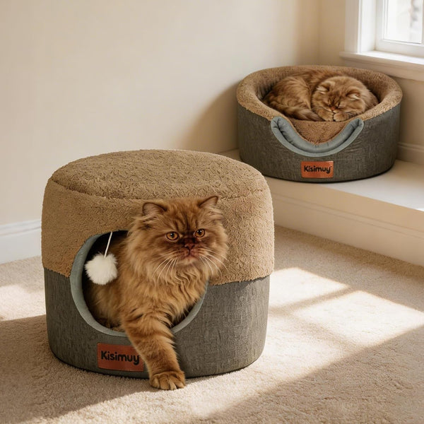 2-In-1 Foldable Cat Bed for Indoor Cats, Cat Cave & Sofa Bed | 15.7"D X 13"H, Reversible Plush & Linen Cushion,Enclosed Cat Bed, Hanging Cat Toys, Non-Slip, Small Cat House, Grey11