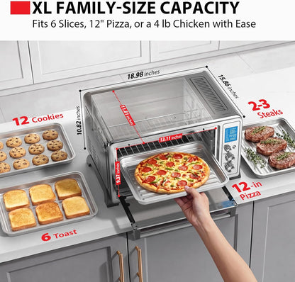 10-In-1 Convection Toaster Oven, 6-Slice Countertop Oven, 1500W | Bake, Broil, Rotisserie & Pizza Functions, LCD Knob Controls, 6 Accessories, with Toast, 1500W, Stainless Steel3