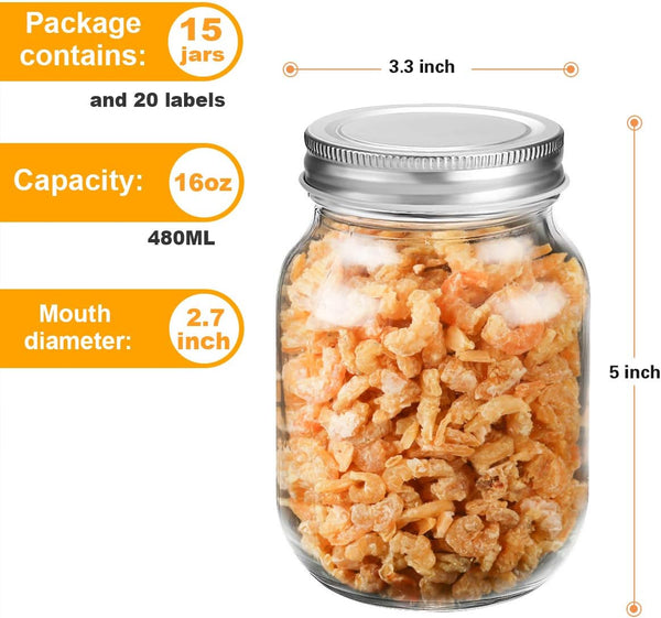 16 Oz Mason Jars with Silver Lids 15 Pack Pint Glass Canning Jars | Regular Mouth Clear Glass Jars Bulk for Meal Prep, Overnight Oats, Dry Food, DIY Crafts.Food Storag with 20 Labels and 1 Pen4