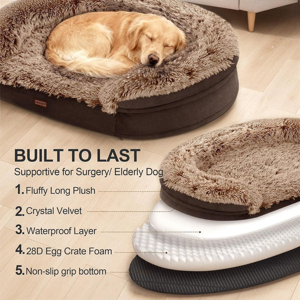 Iweepet Fluffy Orthopedic Dog Beds for Large & Extra Large Dogs, 44" Dog Sofa Bed with Supportive 28D Egg-Crate Foam, Removable Washable Cover, Waterproof Lining, for Puppy,Senior,Sick,Brown6