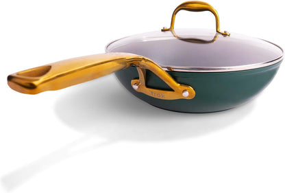 All-In-One Non-Stick Fry Pan Meets Wok with Lid, 11-Inch, Green & Gold3