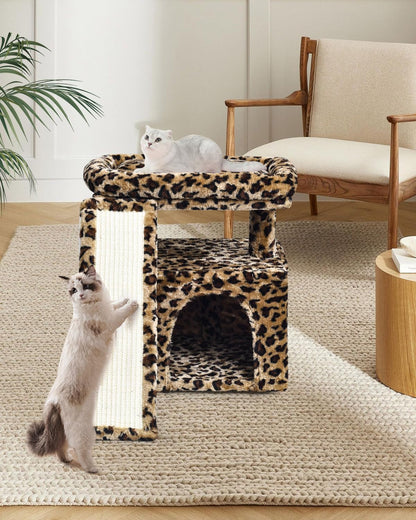 Small Leopard Print Cat Tree for Indoor Cats | Short Tower with Scratching Post, Ramp Pad, Condo with Perch Bed, Kittens Play House, Hanging Plush Ball & Cave for Resting (Leopard Print)2