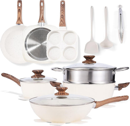 17-Piece Nonstick Cookware Set, Pfas-Free, Induction, Cream White | Dishwasher Safe, Detachable Stay-Cool Handles, Vented Glass Lids, Fits Gas & Ceramic Stovetops, Lightweight & Compact1