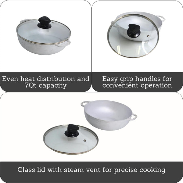 7 Qt Cast Aluminum Caldero Dutch Oven with Glass Lid | 30 Cm Diameter, Glass Lid with Riveted Handles, Heavy Bottom, Oven Safe, Rice Pot for Stews, Soups and Beans, Polished Finish2