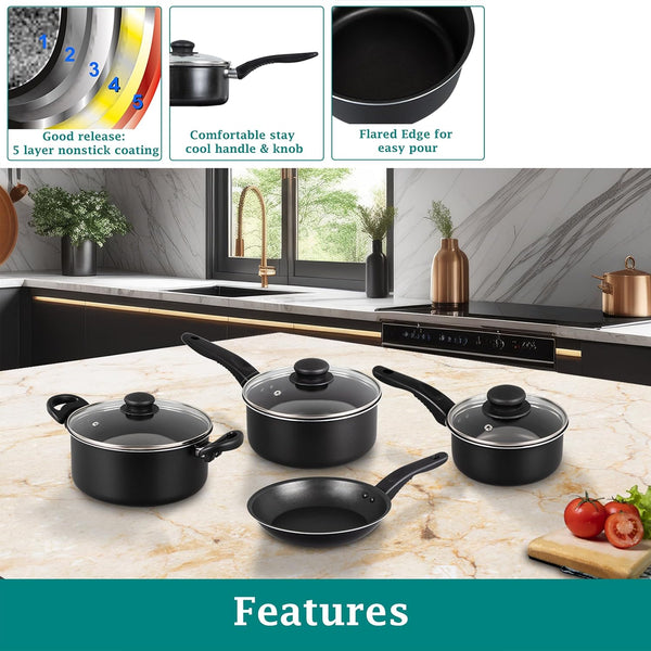 7-Piece Black Non-Stick Aluminum Cookware Set, Even Heat Distribution Pots & Pans Kit with Sauté Pan, Saucepans & Glass Lids for Beginner Home Kitchen Cooking3