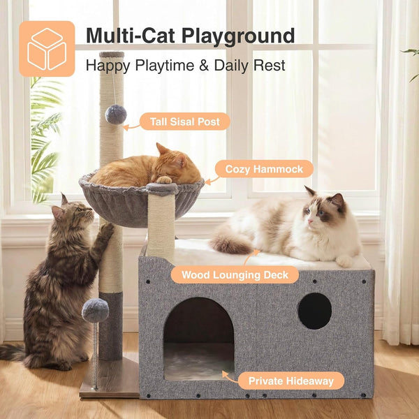 Veehoo Extra Large Cat House Bed for Indoor Cats, 29X16X31.9 Sturdy Condo | Cat Hideaway with Scratching Post, Foldable Cube with Hammock, Cave with 2 Plush Interactive Balls for Multiple Cats, Gray4