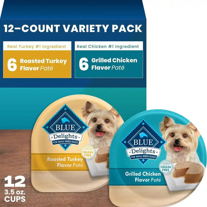 Blue Buffalo Delights Variety Pack Natural Grain Free Wet Dog Food for Small Breed Dogs (Top Sirloin Flavor Paté and Grilled Chicken Flavor Paté) with Natural Ingredients, 3.5-Oz. Each (12 Cups)17