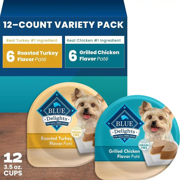 Blue Buffalo Delights Variety Pack Natural Grain Free Wet Dog Food for Small Breed Dogs (Top Sirloin Flavor Paté and Grilled Chicken Flavor Paté) with Natural Ingredients, 3.5-Oz. Each (12 Cups)17