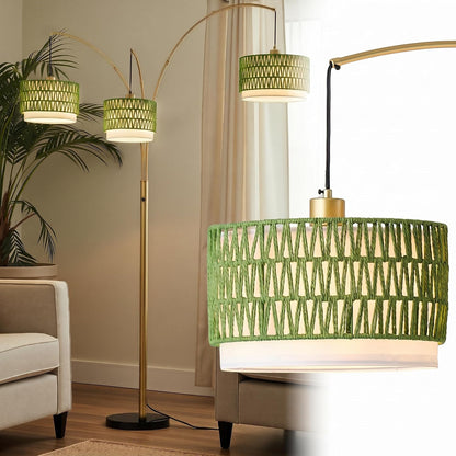 3-Light Arc Rattan Floor Lamp for Living Room,80'' Gold Boho Lamp | Heavy Natural Marble Base, 1/2/3-Light Rotary Switch,Double-Layer Green Wicker/Fabric Shades for Coastal Style,8 Ft+ Ceilings1