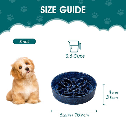 Vancasso Ceramic Slow Feeder Dog Bowls, Puzzle Dog Food Bowls with Floral Maze, anti -Slip Pet Food Dish for Small Breed, 0.6 Cups, Blue2