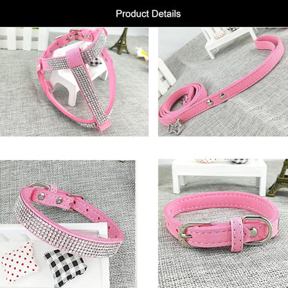 Dog Collar & Harness & Lead Sets Fashion Dog Collar Diamante with Harness & Leashes Comfortable Soft Collar Harness and Leashes Set for Dog - Pink - XS5