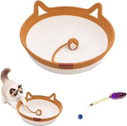 Handwoven Cat Basket Bed, Cotton Rope round Cat Scratcher Bed with Cats Ear Handles, Breathable Boho Nesting Pet Bed for Kittens and Indoor Cats (Color D,Small)8