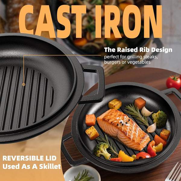 Cast Iron Dutch Oven Pot with Skillet Lid – Pre-Seasoned – Skillet Lid Cooking Pan– Pfas-Free – Cast Iron Skillet Cookware for Bread, Frying, Baking – Dual Handles – Oven, Grill, Campfire & Stovetop Safe – Durable & Non-Toxic, 5QT6
