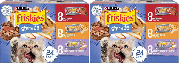 Purina Friskies Gravy Wet Cat Food Variety Pack, Shreds with Beef, with Chicken, and Turkey and Cheese Dinner - (Pack of 24) 5.5 Oz. Cans15