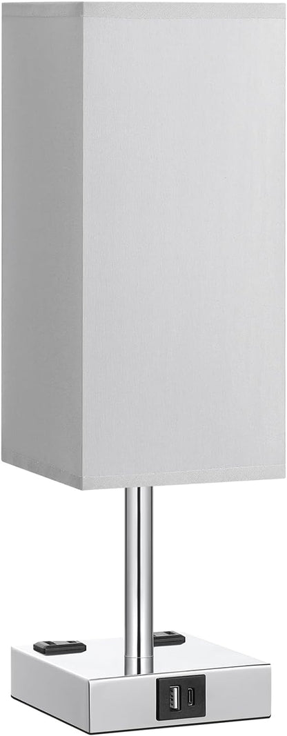 Touch Bedside Table Lamp for Bedroom - Dimmable, USB C+A, 2 AC Outlets | 3-Way Dimming, 3000K Bulb Included, Square Grey Lampshade and Silver Base, Desk Lamp for Nightstand, Living Room, Dorm7