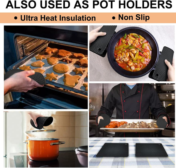 Silicone Trivet Mats - 4 Heat Resistant Pot Holders, Multipurpose Non-Slip Hot Pads for Kitchen Potholders, Hot Dishers, Jar Opener, Spoon Holder, Food Grade Silicone & BPA Free (Black)2