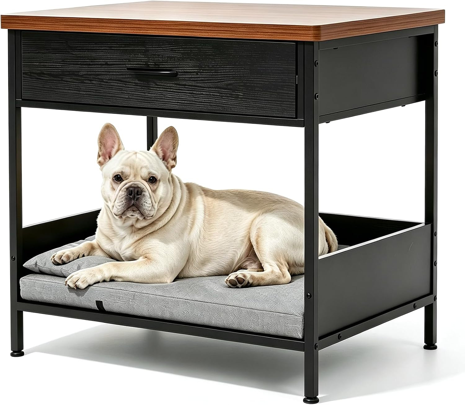dog-bed-end-table-with-storage-drawer-and-washable-cushion-black-walnut-open-elevated-dog-bed-furniture-for-small-medium-dogs-up-to-50-lbs-metal-frame-drawer-for-living-room-bedroom-bedside