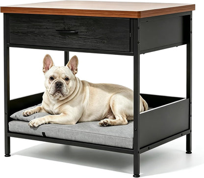 Dog Bed End Table with Storage Drawer and Washable Cushion, Black & Walnut | Open Elevated Dog Bed Furniture for Small Medium Dogs up to 50 Lbs, Metal Frame, Drawer, for Living Room, Bedroom Bedside1