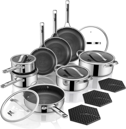 Pots and Pans Set Hybrid Stainless Steel, 17PC Nonstick Tri-Ply Cookware Set W/Frying Pan, Dishwasher & Oven Safe, Pfoa-Free, Metal Utensil Safe, Suitable for All Cooktops1