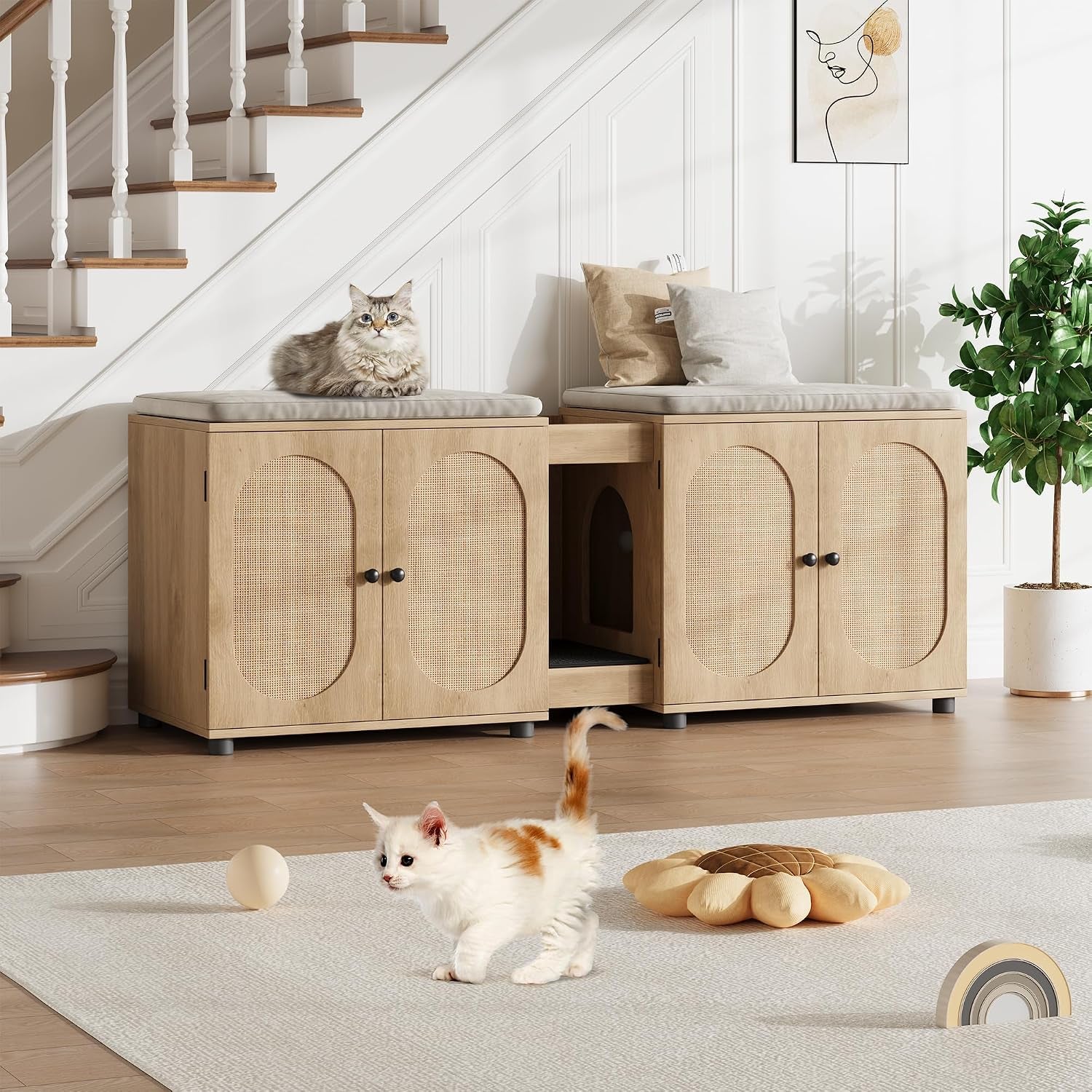 garvee-55-1-double-litter-box-enclosure-boho-cat-box-furniture-for-2-cats-cat-litter-box-furniture-hidden-with-cat-scratch-pad-large-indoor-pet-house-with-double-room-wood-color-double-room-design-fits-most-litter-boxes-built-in-litter-mat-double-roller-latch-storage-cubby-ventilated-cabinets