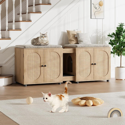 Garvee 55.1" Double Litter Box Enclosure, Boho Cat Box Furniture for 2 Cats, Cat Litter Box Furniture Hidden with Cat Scratch Pad, Large Indoor Pet House with Double Room, Wood Color | Double Room Design, Fits Most Litter Boxes, Built in Litter Mat, Double Roller Latch, Storage Cubby, Ventilated Cabinets8