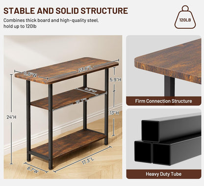 Side Table for Living Room, 3-Tier End Table for Small Space with Wide Storage Tabletop, Rustic Brown Narrow Nightstand for Bedroom, Sofa Couch3