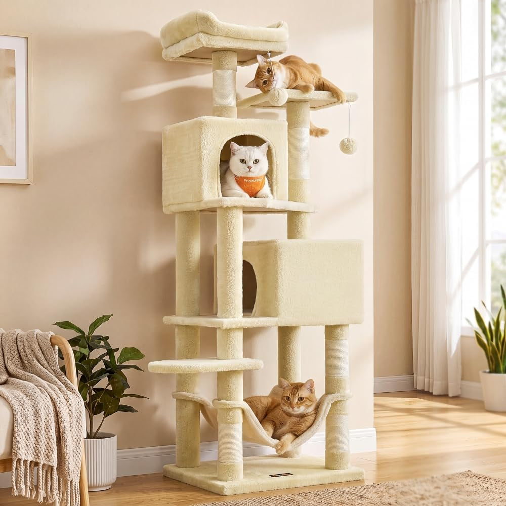 feandrea-cat-tree-59-5-inch-tall-cat-tower-plush-multi-level-condo-with-5-scratching-posts-2-perches-2-caves-hammock-2-pompoms-light-gray-upct192w01